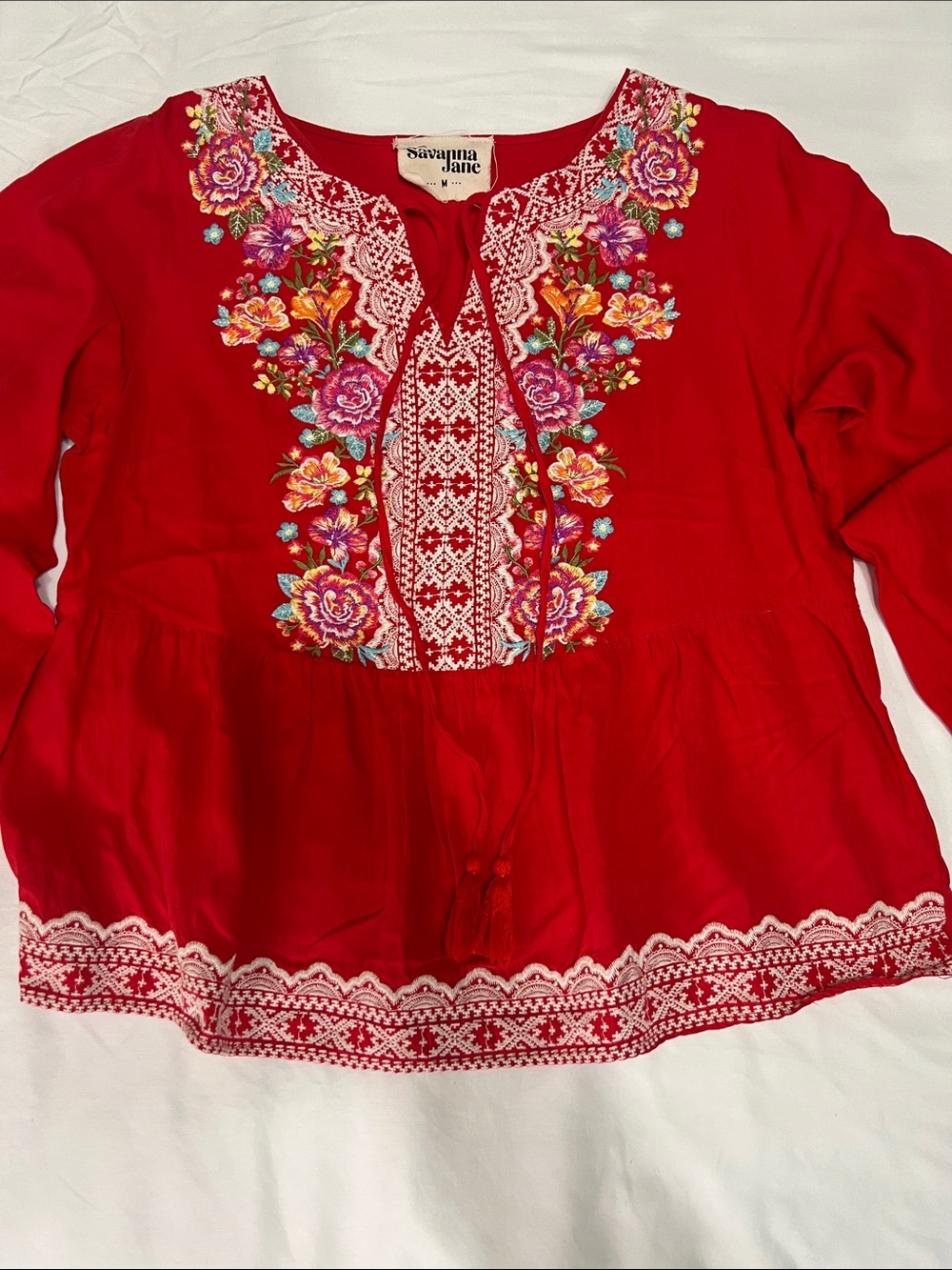 Savanna Jane Red Floral Embroidered Tunic Top